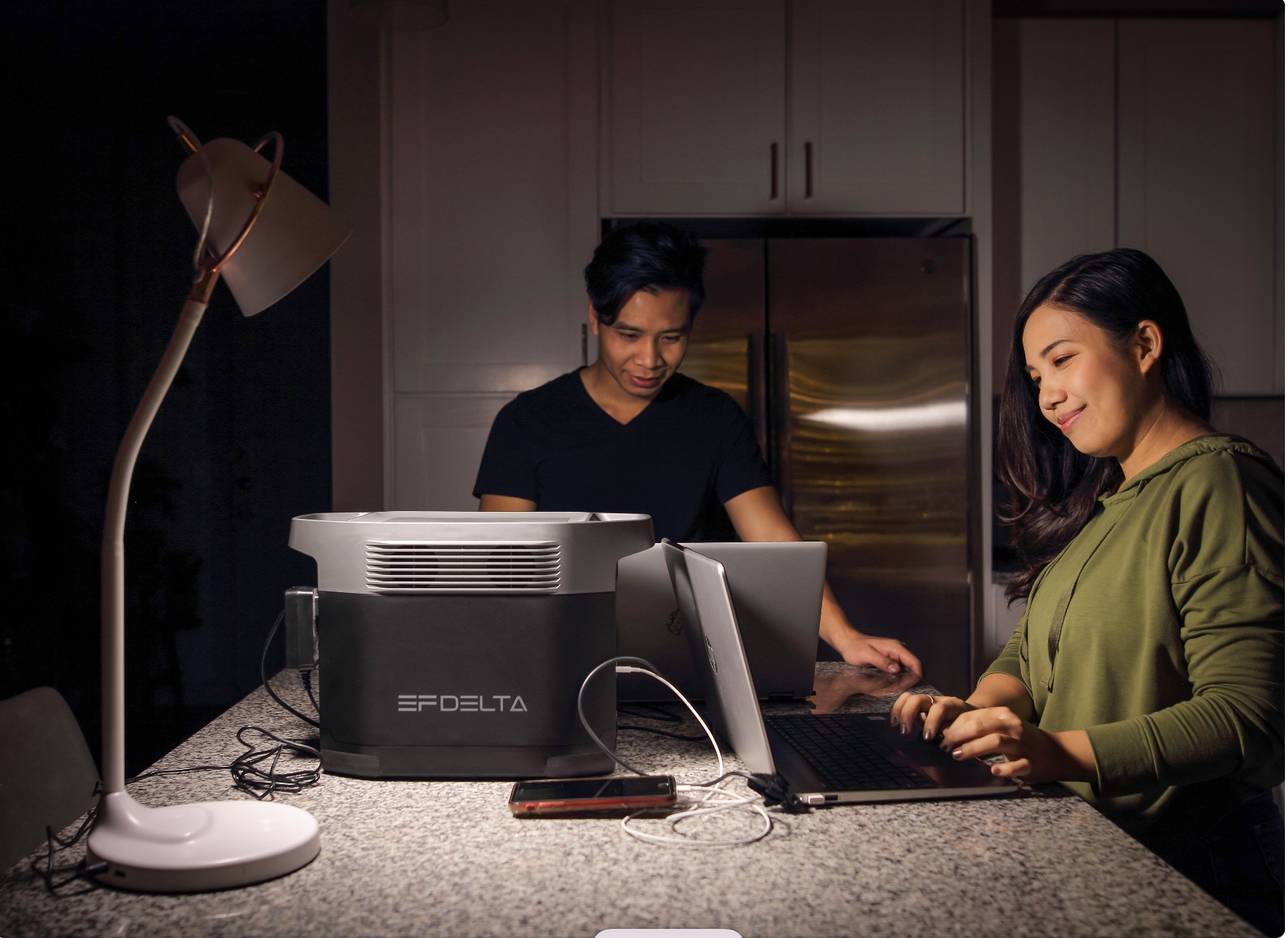 EcoFlow DELTA powering laptops and lights during an outage