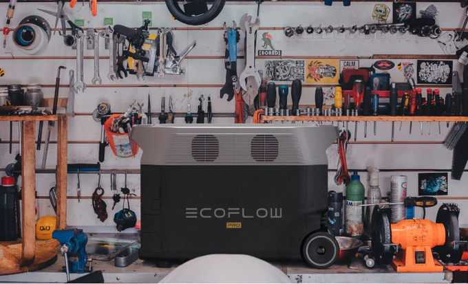 EcoFlow DELTA Pro large solar generator in shed